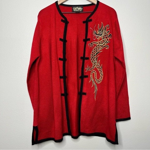 Bob Mackie Women Cardigan Sweater Large Dragon Red Wearable Art Toggle Closure - Picture 1 of 9
